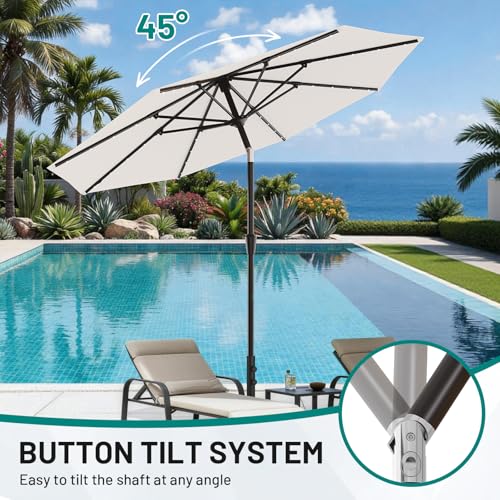 Image of AreShark 9FT Patio Umbrella with Solar Lights, 32 Lighted Pool Umbrella w /Tilt and Crank, Outdoor Market Solar Umbrellas for Garden, Deck, Backyard, Pool and Beach, Cream-White