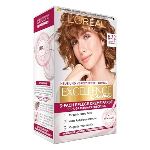 L'Oréal Paris Permanente Haarfarbe, 100% Grauhaarabdeckung, Haarfärbeset mit Coloration, Shampoo und 3-Fach Pflege Creme Farbe, Excellence Creme, Nr. 6.32 Sonniges Hellbraun, 1 x 268 g