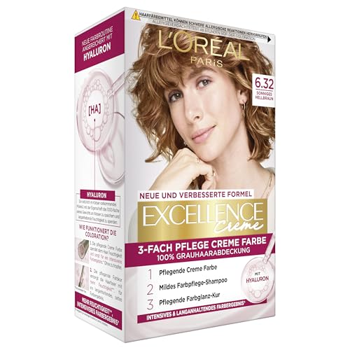 L'Oréal Paris Permanente Haarfarbe, 100% Grauhaarabdeckung, Haarfärbeset mit Coloration, Shampoo und 3-Fach Pflege Creme Farbe, Excellence Creme, Nr. 6.32 Sonniges Hellbraun, 1 x 268 g