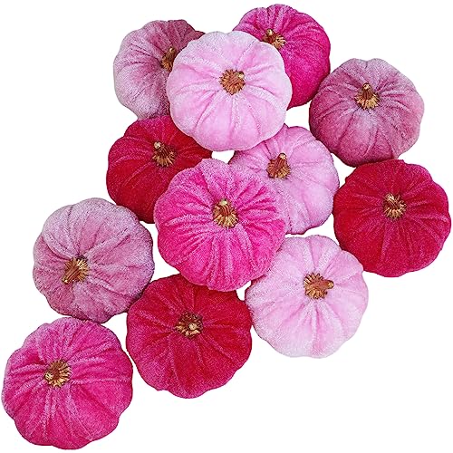 Image of Winlyn 12 Pcs Assorted Small Artificial Pink Velvet Pumpkins Decorative Fabric Foam Pumpkins 3 inch for Fall Wedding Baby Shower Halloween Thanksgiving Table Centerpiece Mantel Farmhouse Decor
