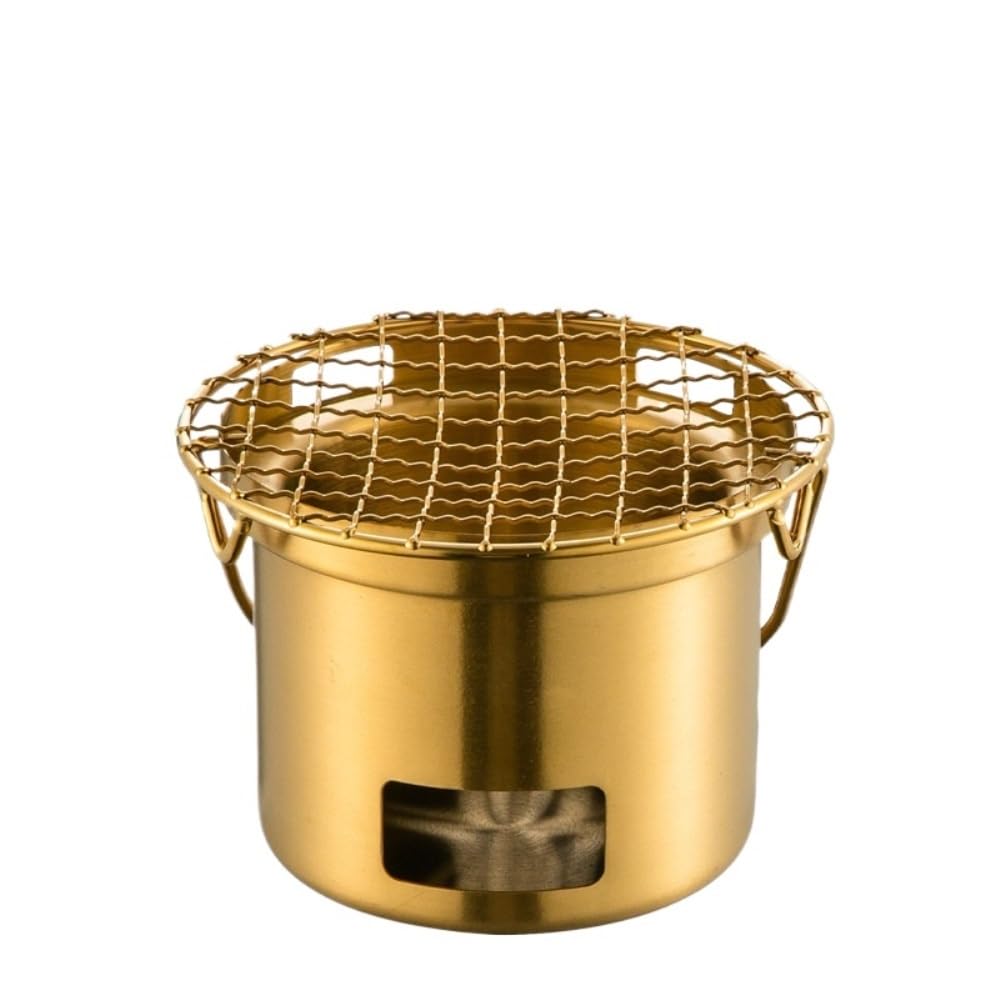 Przenośna patelnia na węgiel drzewny ze stali nierdzewnej, wielofunkcyjny grill do wnętrz i na zewnątrz oraz grill do zaparzania herbaty (złoty)