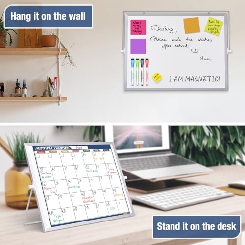 HOMiDEK Dry Erase White Board - Magnetic Whiteboard Calendar with Stand for Desktop and Wall - 16\"x12\" Double Sided Whiteboard with Fridge Calendar, Reusable Sticky Notes, Markers, Magnets, Eraser
