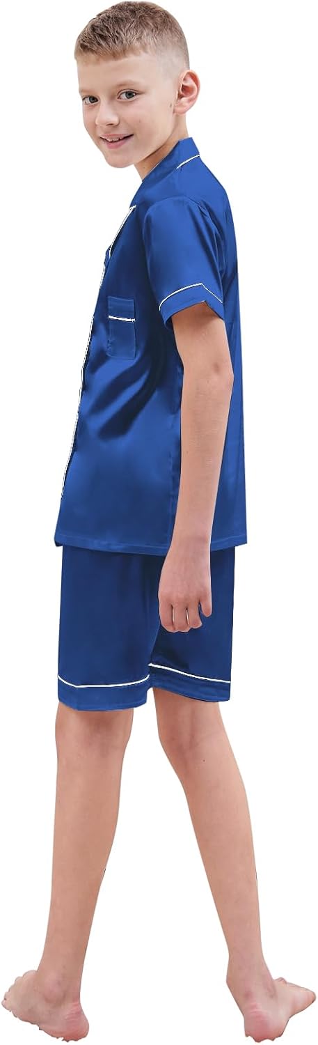 Schbbbta Boys Silk Pajamas Button Down Sleepwear Satin Nightwear 2 Pcs Pj Set - Image 6