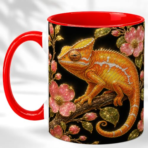 XERNIBROK Glowing Chameleon Coffee Mug, Floral Reptile Mug, Dark Garden Decor, Orange Lizard on Branch with Pink Blossom Art, Black Accent Glossy Ceramic 11oz Tea Cup for Wildlife Fans Home