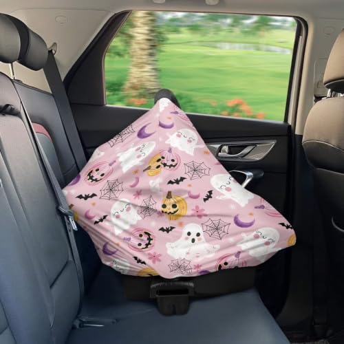 Image of Wanyint Baby Car Seat Covers Nursing Cover Carseat Canopy Baby Breastfeeding Cover Multi-Use Nursing Scarf Infant Stroller Cover Halloween Decor, Cute Ghost Pumpkin Flower Pink