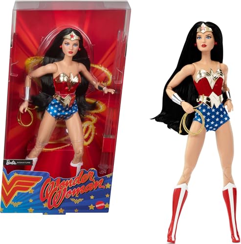 Barbie Signature Doll, Wonder Woman Collectible with Doll Stand in Red and Blue Tank Suit with Golden Accessories Like Lasso, Headpiece and Belt