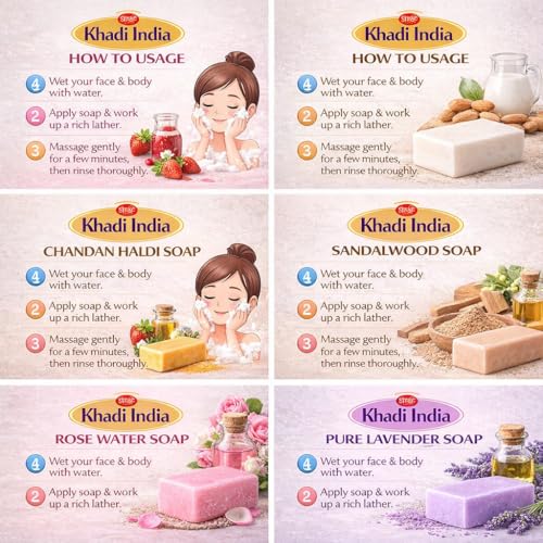 Image of Khadi Organic and Natural Handmade Bathing Soap for Men & Women By Bhudevam Naturals | Assorted Herbal & Chemical-Free Face and Body Soap for Gentle Cleansing & Healthy Skin (Assorted Bathing Soap (Pack of 6))