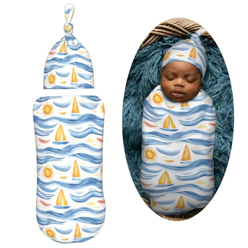 Image of Waves and Sail Boats Newborn Swaddle Blankets Hat Sets Soft Baby Receiving Blanket Swaddle Sack for Baby Shower Infant Boy Girl Gift