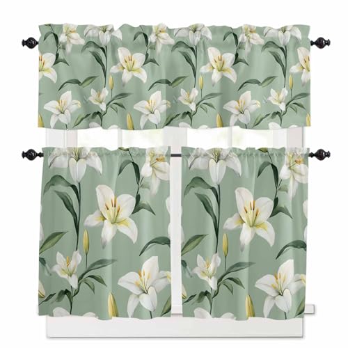 Sage Green Flowers Kitchen Curtains 36 Inch Length, 3 Piece Rod Pocket Small Half Tiers and Valance Set, Spring Floral Botanical Small Large Window Treatment Decor for Bedroom/Bathroom Sink