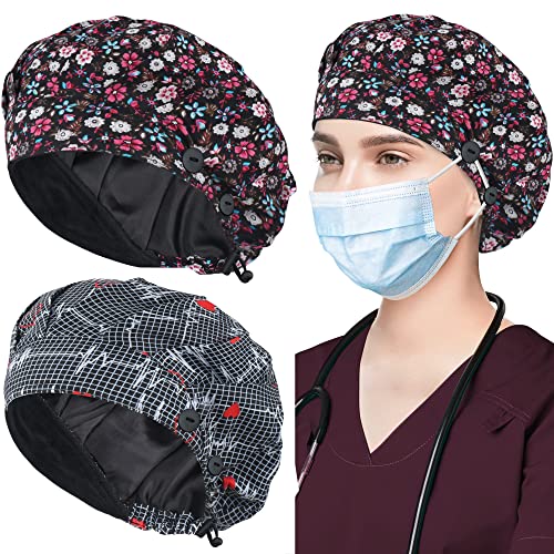 ABAMERICA 2 Pack Bouffant Caps with Button and Sweatband, Adjustable Scrub Caps for Women Men, One Size Multi Color A-42 Single Layer Satin Blk + Blk Single Layer