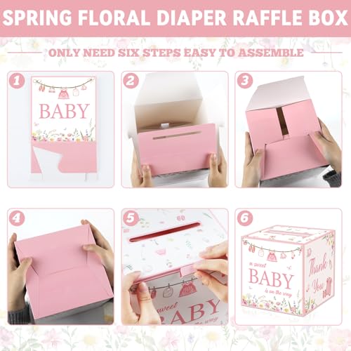 51Pcs Floral Diaper Raffle Box with Tickets for Baby Shower Pink Diaper Raffle Tickets Card Box Games Kit for Baby Girls, A Sweet Baby Is On The Way Holder Box for Gender Reveal Spring Party Supplies - Thumbnail 3