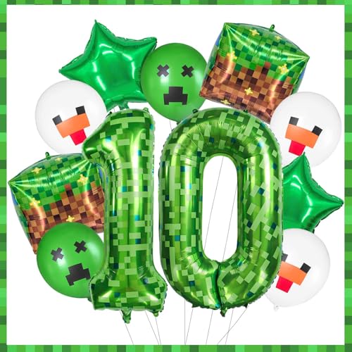 FJZEPIN 40 Inch Giant Green Pixel Miner Themed Number Foil Balloons, Mining Green Birthday Party Decorations Bundle 0-9 Optional Kids Anniversary Balloon Party Supplies (Number 10)