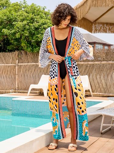Image of Women's Kimono Cover Up Long Beach Dress Swimsuit Cover Ups Colorful Cardigan Lightweight Robe for Swimwear