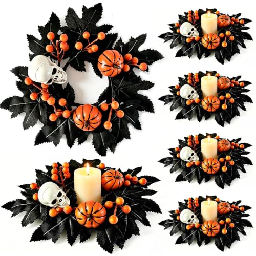 Image of 4 PCS Mini Halloween Candle Rings Skeleton Black Maple Leaves Wreaths
