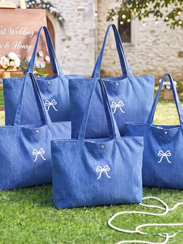 Shinylin 6 Pack Blue Bow Corduroy Tote Bags Bachelorette Party Decorations Large Wedding Gift Bags with Inner Zipper Pocket for Bridesmaid Bridal Shower Engagement Gifts Reusable, 17×11 Inches