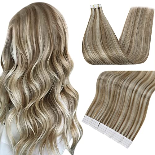 Full Shine Tape in Hair Extensions 20 Inch Tape in Remy Hair Extensions Human Hair Color 8 Ash Brown Highlighted 60 Platinum Blonde Extensions Human Hair Natural PU Tape Hair 50 Gram 20 Pieces