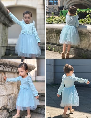 Image of Arshiner Toddler Girls Tulle Dresses with Bow Tie Fall Winter Long Sleeve Formal Party Dress 1-7 Y