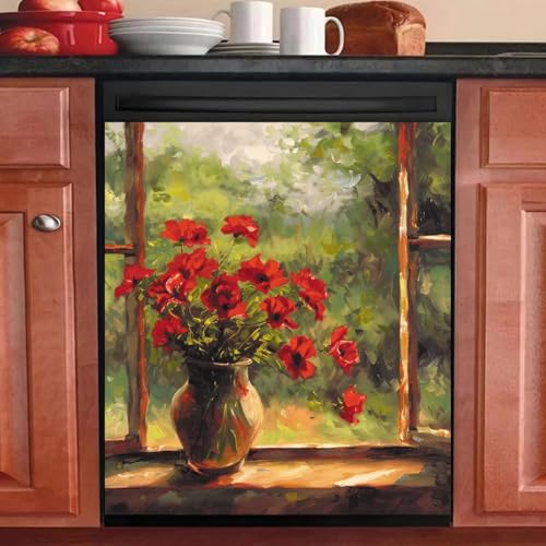 Red Poppy Flowers Magnetic Dishwasher Cover 23x26, Retro Floral Oil Painting Dishwasher Magnet Cover, Spring Summer Decor Refrigerator Panels Decals for Kitchen Appliance Decorative by Generic - Used condition - US$24.54