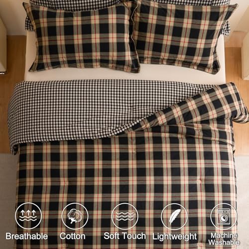 Image of 100% Cotton Comforter Set Full Size - Reversible Yarn-Dyed Checkered Design, Soft Washed Cotton on Both Sides, Lightweight All-Season Bedding, Machine Washable(Black Red Plaid, 80 inchx90 inch)