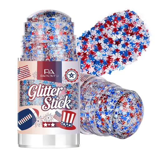 PASNOWFU USA Patriotic Hair Body Glitter Stick Star, Shimmer Body Face Glitter for 4th of July Outfits for Women, red White and Blue Accessories for Festival Concert & Celebration Makeup