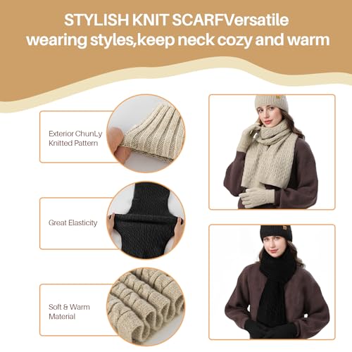 fauson Beige Winter Gloves Long Scarf Beanie for Women Set, Gloves for Women with Touchscreen Fingers, Thick Lined Hat Scarf Set for Men ST by fauson - Image 2