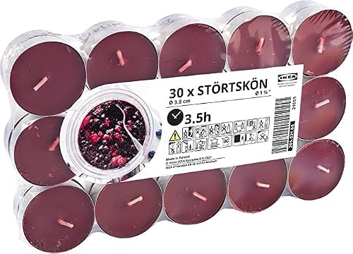 STORTSKON 205.044.67, 30 Pack, Berries, Leafy Greens & Violets Scented Tealight Candles, Dark Red, 3.5 Hours,1.5"