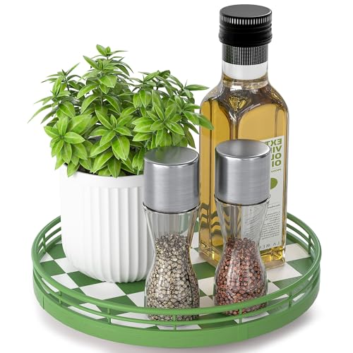 Image of Premium Rubber Wood Lazy Susan Turntable, Green White Checkerboard Decorative Serving Tray, Hand-Welded Metal Railing, Stable Rotating Organizer for Dining Table, Kitchen Counter, Coffee Table Decor