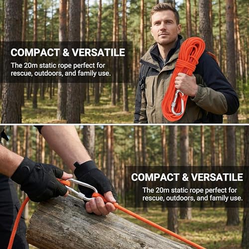 Kletterseil Hochfeste Sicherheitsseile Lang 20m Durchmesser 6mm Statisches Seil Outdoor Rettungsseil mit 1 Karabiner Festmacherleine Allzweckseil für Wandern Bergsteigen Outdoor Sport Camping