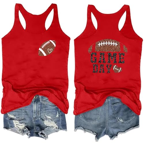 Game Day Tank Top Women Glitter Football Graphic Racerback Tanks Funny Sunday Casual Sleeveless Cami Shirt Red