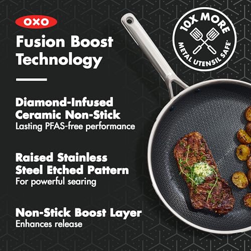 Image of OXO Hybrid 8 inch 10 inch & 12 inch Frying Pan Skillet Set With Lids, PFAS-Free Ceramic Nonstick, Fusion Boost Tech, Powerful Searing, Induction & All Cooktop Compatible, Dishwasher Safe, Mirror Polished Tri-Ply