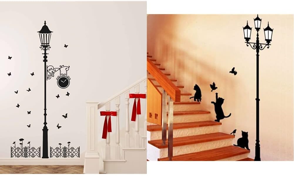 Decals Design 'Black Antique Street Lamp with Butterflies' Wall Sticker (PVC Vinyl, 60 cm x 90 cm x & 'Ancient Lamp and Cats' Wall Sticker (PVC Vinyl, 90 cm x 30 cm, Black) Combo