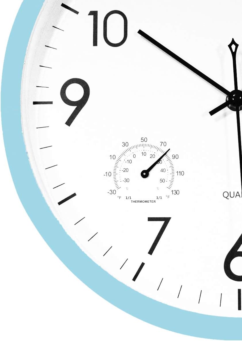 Foxtop 12 Inch Non-Ticking Silent Waterproof Wall Clock Battery Operated Quartz Round Clock with Temperature & Humidity Modern Style (LightBlue)
