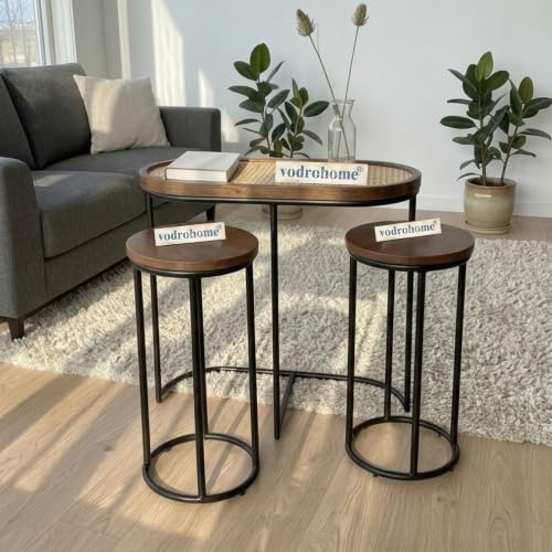 Image of Charcoal Rattan Cane Side Table with Glass top - Bohemian Solid Mango Wood Cane Iron Sofa Side end Table - Wood and Cane Nesting Table S#047 (Honey 2)