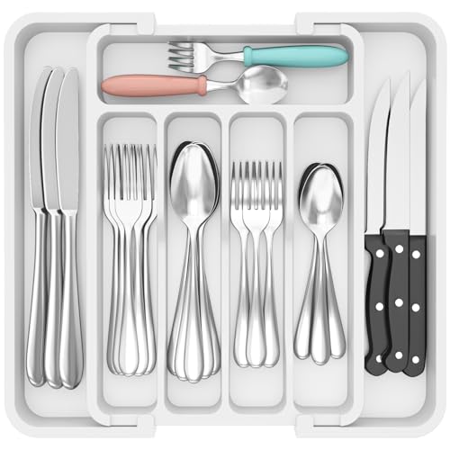 Lifewit Organizador Cuberteros para Cajón Cocina, Libre de BPA Bandeja Cubiertos Extensible, Separador Cubiertos Utensilios Almacenaje, Cajas para Cubertería, Fondo 31 cm, Ancho 23-37cm, Blanco