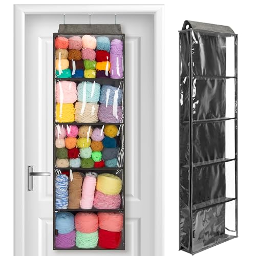 PACMAXI Hanging Yarn Storage Knitting Organizer Storage with 5 Compartments, Clear Wall Display Bulk Yarn Organizer for Knitting Needles, Crochet Hooks(Large Size) (dark grey)