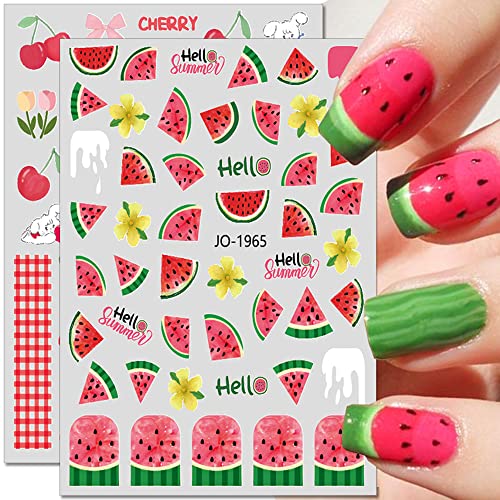 Dornail 6 Sheets Summer Fruit Nail Stickers 3D Lemon Strawberry Watermelon Peach Avocado Cherry Nail Decals Self Adhesive Sticker Flower Leaf Diy Nail Design Nail Art Decoration #TOP1