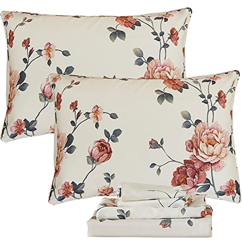 Image of FADFAY Sheets Set Queen Shabby Beige Floral Bedding Elegant Peony Sheets Set Vintage Flower Bedding Collections Soft 100% Egyptian Cotton 800 Thread Count Deep Pocket Fitted Sheet, 4Pcs-Queen Size