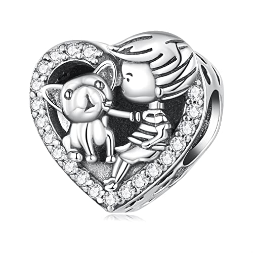 925 Cuentas de Encanto para Mascotas de Niños de Plata Esterlina, Regalos Colgantes Hechos a Mano en Forma de Corazón, para Niñas Compatibles con Pulseras Y Collares de Encanto Pandora Troll Chamilia