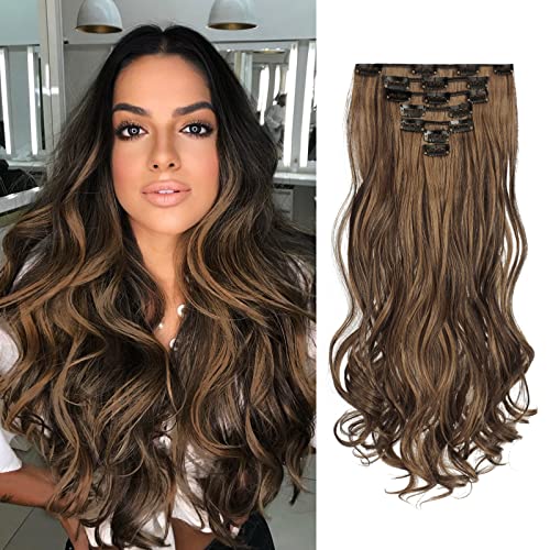 FESHFEN Clip Extensiones De Pelo Natural, 7 Piezas 16 Clips Full De Cabeza De Clip En El Pelo Extensiones De Cabello Clip Rizado 50Cm Postizos De Pelo Natural Ondulado