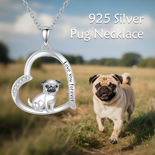 CUPENDA Mops Kette 925 Sterlingsilber Herz Hund Welpen-Anhänger Süß Geburtstagsschmuck – Freundschaftsschmuck für Damen Hundeliebhaberinnen