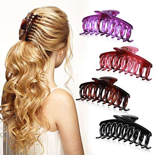 4 Pieces Big Hair Claw Clips 4.4 Inches Large Hair Jaw Clips Strong Hold Hair Accessories for Women and Girls Thick Long Hair (Black, Brown, Red, Purple)