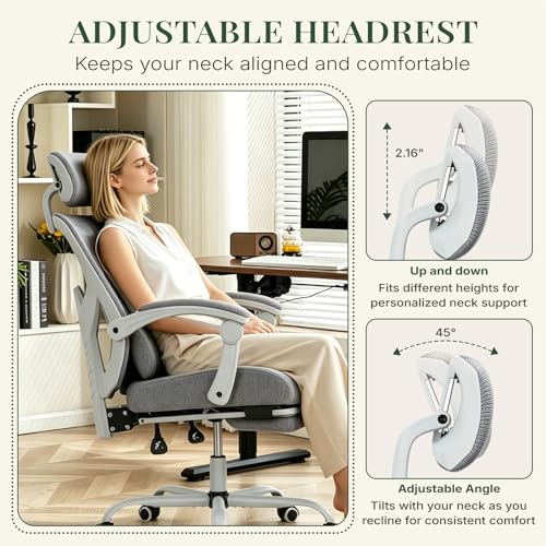 Image of Ergonomic Office Chair with Footrest, High Back Home Desk Computer Chair with Lumbar Support & Headrest, 90-135 Reclining Mesh Back with Wheels for Work, Gaming, Grey