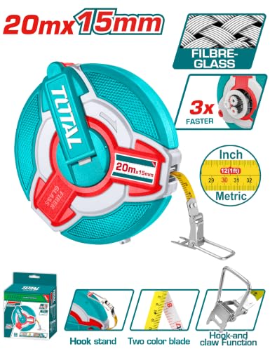 Image of TOTAL 20m Fibreglass Measuring Tape, Metric & Inch, 3:1 Fast Rewind,