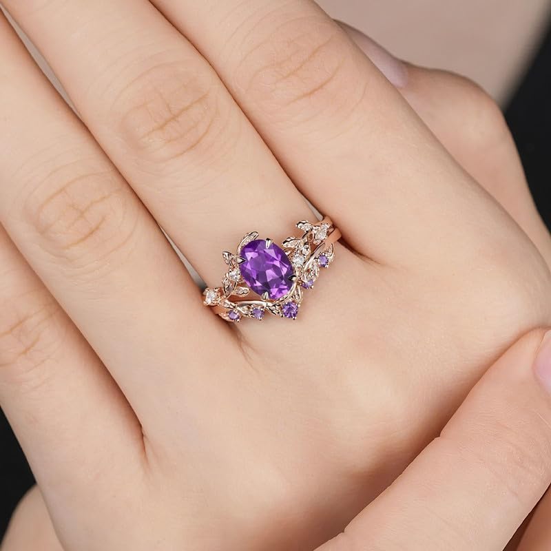 10K 14K 18K Gold Vine Natural Amethyst Wedding Ring Sets for Women Oval/Pear/Kite/Coffin Cut Twig Amethyst Promise Anniversary Ring Sets Size 3-16