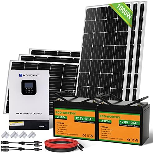 ECO-WORTHY 1000W 24V Solar Power System 4kWh/day with Battery and Hybrid Solar Inverter for Home Shed RV: 6pcs 170W Solar Panels+ 2pcs 100Ah Lithium Batteries+ 3000W 24V Hybrid Inverter