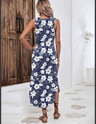 Image of Zeagoo Women Floral Summer Casual Beach Printed Tank Dress with Pockets Pleated Front Long Dress