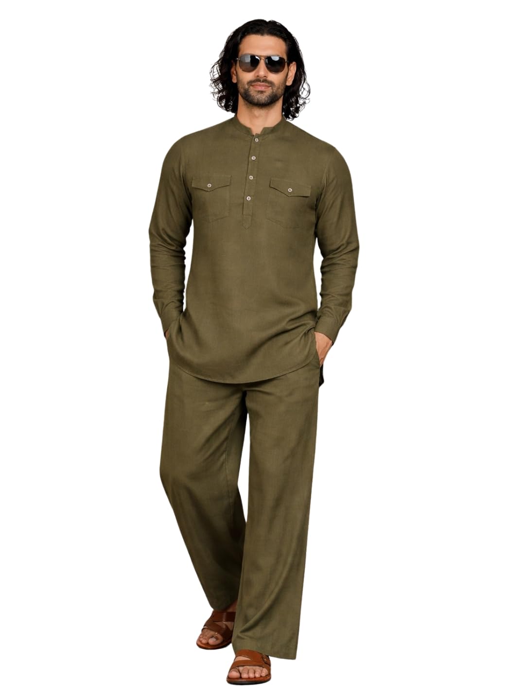 see designs Men's Full Sleeve Mandarin Collar Men's Olive Viscose Rayon Solid Pathani Set - SDDKT677M-picture-21