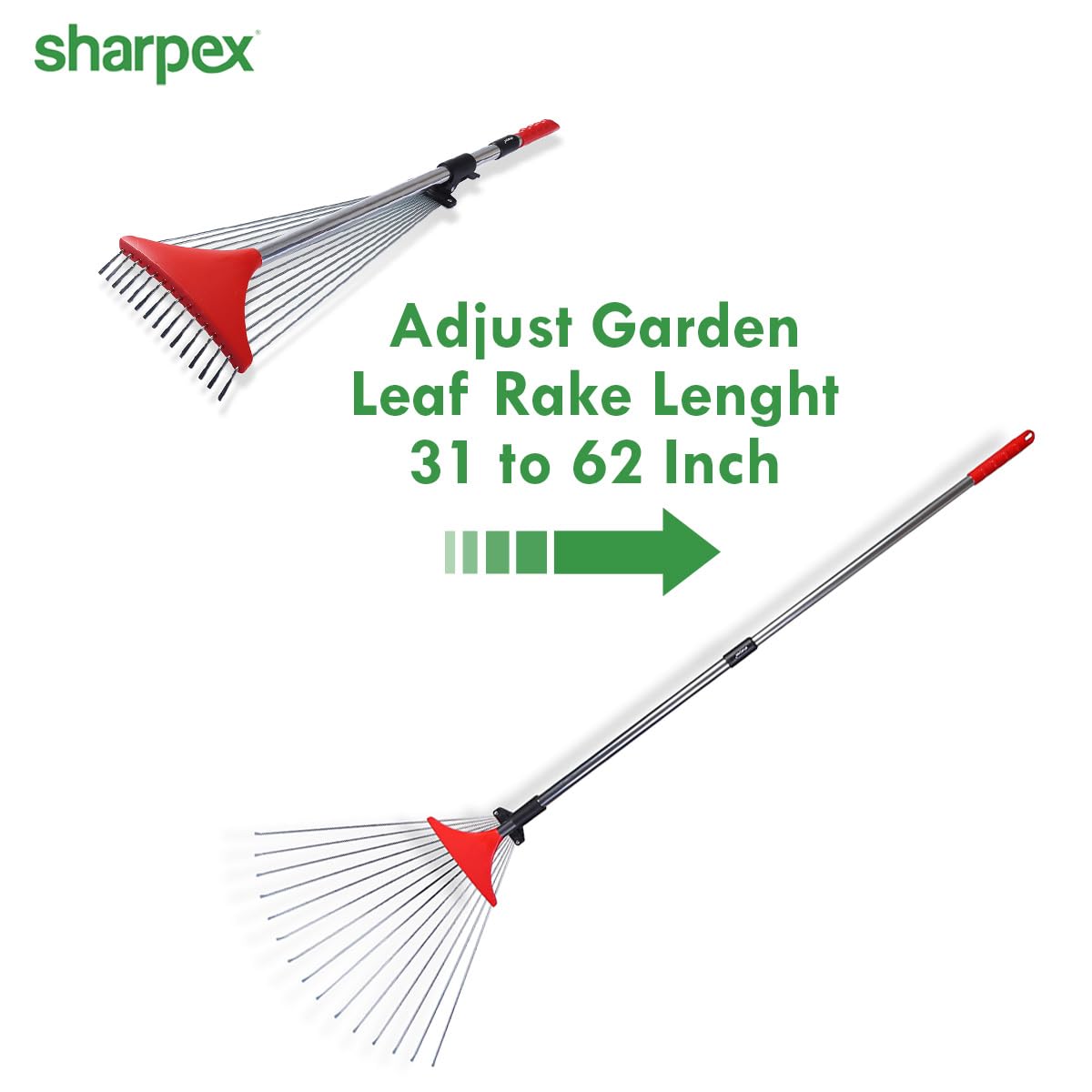 Sharpex Telescopic Metal Leaf Rake, 31 to 64 Inch Adjustable Expandable Pole for Lawn and Yard Cleanup, Heavy Duty Tool for Leaves, Grass Debris and Roof Cleaning, Long Reach Outdoor Sweeping Broom 2