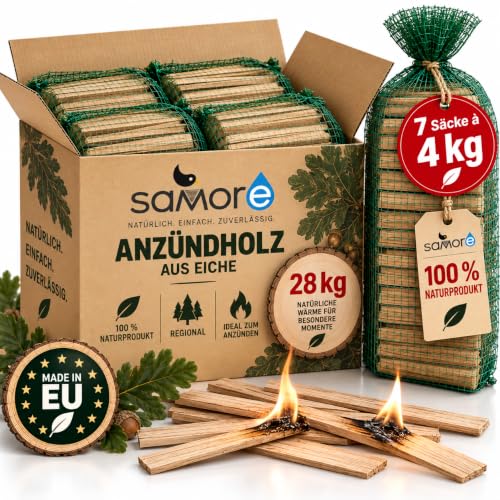 Samore Premium Anzündholz 28 kg Anfeuerholz Anmachholz Brennholz aus Eichenholz, Bio Kaminholz Ofenholz Smoker Grill BBQ trocken ofenfertig, getrocknet und unbehandelter Grillanzünder
