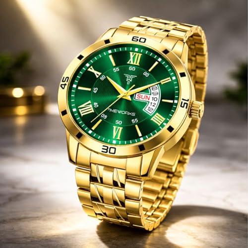 Image of TIMEWORKS Designer Golden Round Shape Day & Date Dial Men's & Boy's analogue Watch 418Yym16 (Gold Polish Gaurantee 6 Months)